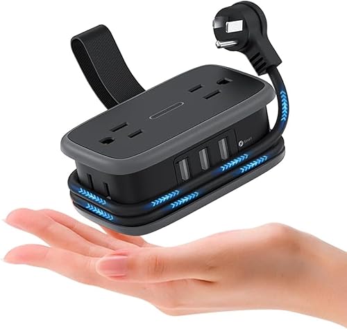 NTONPOWER - Regleta de alimentación de viaje con puertos USB, enchufe plano de 4 pies envuelto alrededor de cable de extensión corto con 4 tomas, 3
