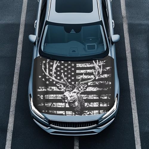 Image of American Flag Deer Print Hood Cover for Compact Car SUV Sedan Truck, Waterproof Stretchable Car Hood Wrap Blanket, Patriotic Decorations, Auto Accessories (59x39 Inch)