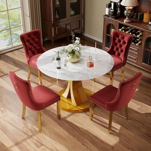 Image of 5-Piece Dining Table Set with 39In Faux Marble Table and 4 Velvet Upholstered Chairs, Modern Scandinavian Furniture for Dining Room Kitchen(Burgundy&Gold)
