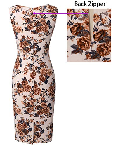 Vfshow Womens Beige And Brown Floral Print Slim Front Zipper Up Work Business Office Party Bodycon Pencil Sheath Dress 7736 Apt Xl #TOP4