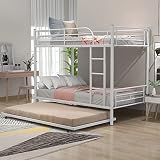 Harper & Bright Designs Twin Over Twin Metal Bunk Bed with Trundle, Made of Heavy Duty Steel, for Kids Teens Adults (White)