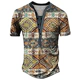 Generic Herren Kurzarm V-Ausschnitt Trenddruck Henley Shirt Basic Baggy Button-Down Bluse Strandhemd T-Shirt Freizeit Hemden Schnelltrocknend Atmungsaktiv Laufshirt Sport Fitness Oberteile