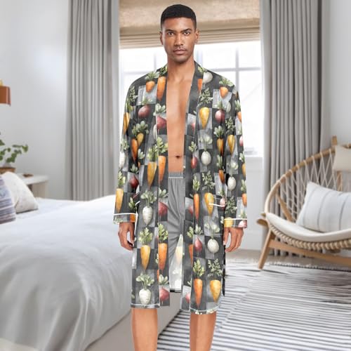 Men’s Robe Carrot Checkered Print, Long Sleeve Bathrobe for Sleep Shower-M3