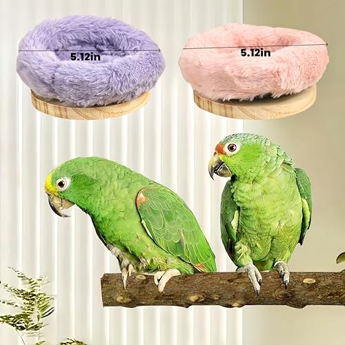 Image of 2Pcs Bird Perch Stand Platform Plush Parrot Hanging Hammock Warm Bird Nest Snuggle Hut Birds Sleeping Bed Wood Perch for Parrot, Budgies, Parakeet, Cockatiels, Conure, Lovebirds-Purple&Pink