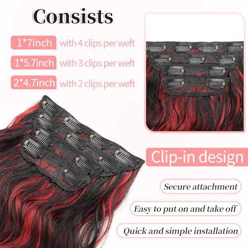 Image of KooKaStyle Wavy Clip in Hair Extensions 24 inch Black Mix Red Highlights | 4 Pieces Clip in Extensions,Fiber Double Weft Hairpieces,Natural Volume,Beach Wave Long Synthetic Hairpieces for Women