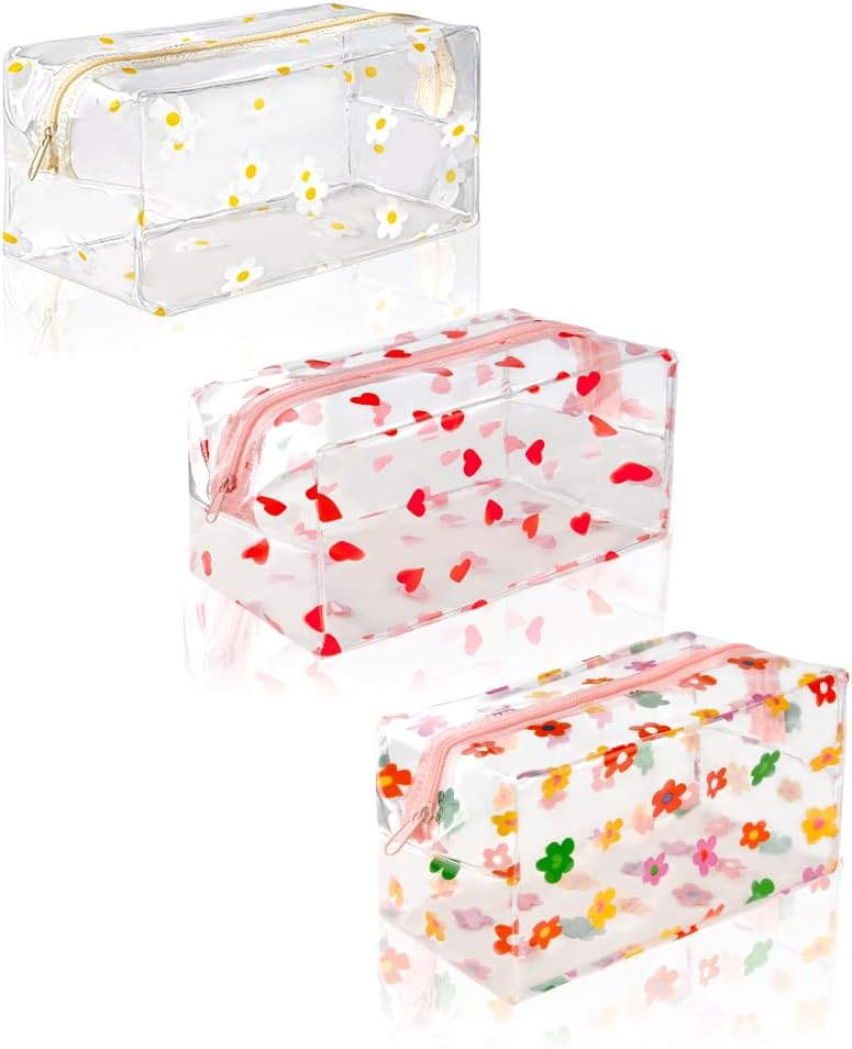 flintronic 3 Pcs Clear Pencil Case Large Pen Bag,Transparent Cosmestic Makeup Bags, PVC Pencil Case Stationery Pouch,Cute Heart Daisy Sunflower Pattern Bags,for Women and Girls