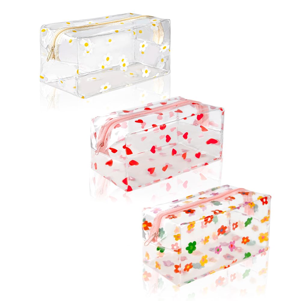 flintronic 3 Pcs Clear Pencil Case Large Pen Bag,Transparent Cosmestic Makeup Bags, PVC Pencil Case Stationery Pouch,Cute Heart Daisy Sunflower Pattern Bags,for Women and Girls