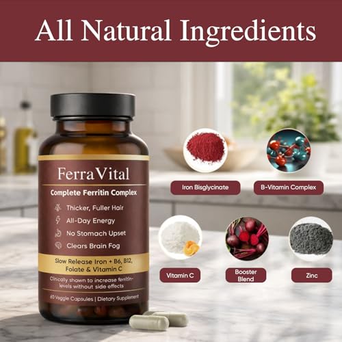 Image of Ferravital Ferritin Support, Ferritin Supplement for Women, Daily Iron Supplement with Iron Bisglycinate Lactoferrin Vitamin C B12, Gluten Free & Non-GMO, 60 Capsules (A)