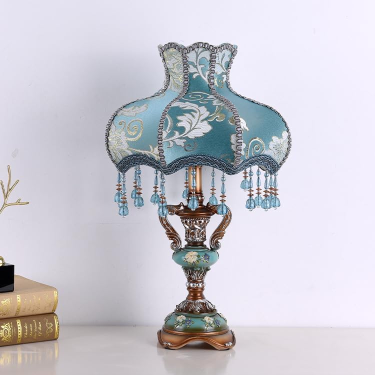 Lámpara victoriana antigua con flecos y encaje, azul, lámpara de mesa de tela vintage con pantalla, mesita de noche pastoral europea, lámpara de mesa con forma de jarrón para dormitorio, sala de est