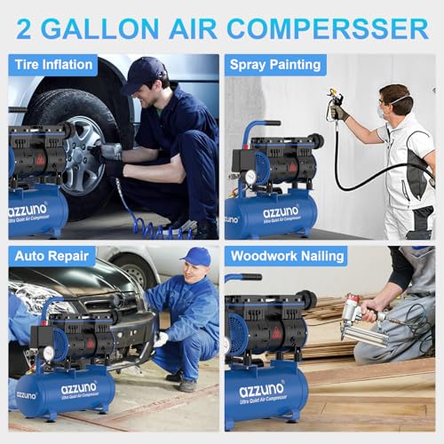 Image of AZZUNO 2 Gallon Air Compressor, 1.6CFM@90PSI Oil Free Air Compressor Tank & Max.116PSI Pressure, 60 dB Ultra Quiet Compressor for Auto Repair, Tire Inflation, Spray Painting, Woodwork Nailing