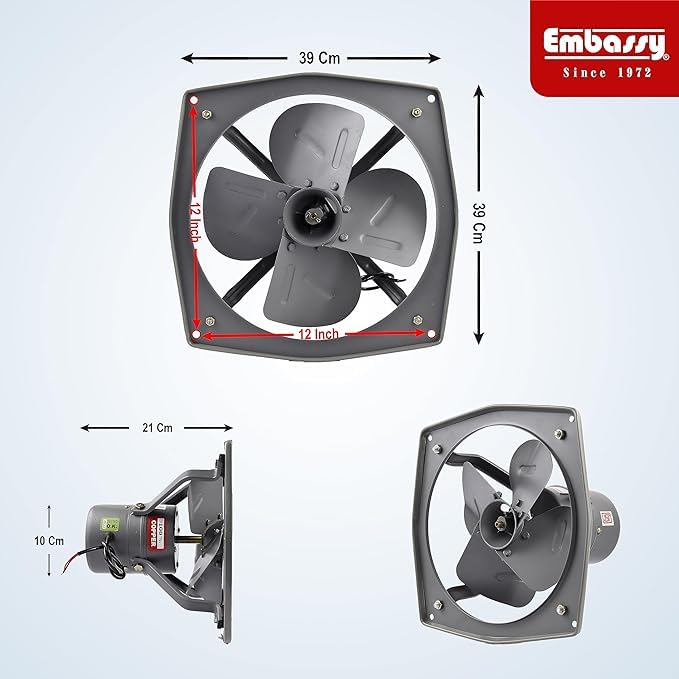 Image of Embassy Exhaust Fan 12 inch Trans Air DBB 300mm, 1350 RPM, Power 50w For Bathroom, Kitchen, Office | 2 Year Warranty | Copper Winding | Double ball bearing | Cut Out size 12x12 square inches