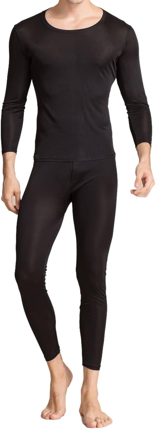 Men Silk Long Johns Thermal Underwear Round Neck Pajamas Mulberry Silk Long Johns Base Layer Top & Bottom Set