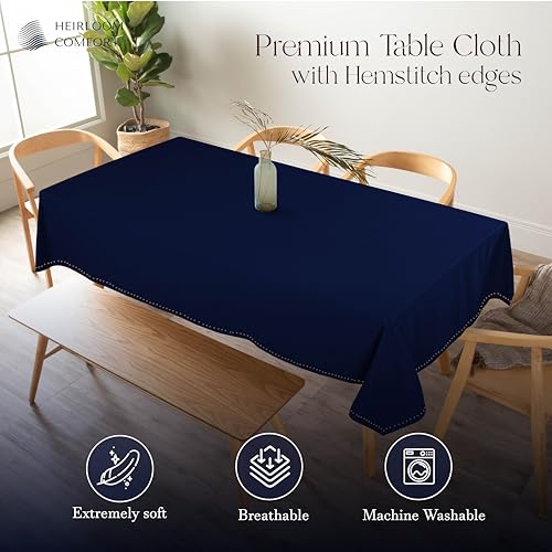HEIRLOOM COMFORT Indigo Blue 100% Cotton Tablecloth, Table Cover 52x70 Inch, Fits 4-6 Seats, Soft, Durable, Washable, Wrinkle Resistant, Rectangle Table Cloth for Dining, Birthdays, Summer Gatherings by HEIRLOOM COMFORT - Used condition - Image 4