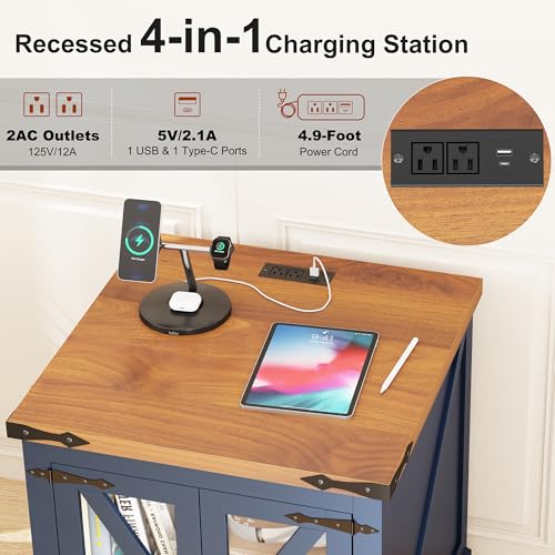 Yusong-Farmhouse-End-Table-with-Charging-Station-24-Large-Sofa-Side-Table-with-Glass-Barn-Door-Blue-Nightstand-with-Adjustable-Storage-Shelf-Rustic-Wood-Bedside-Table-for-Living-Room-Bedroom Yusong Farmhouse End Table with Charging Station 24 Large Sofa Side Table with Glass Barn Door Blue Nightstand with Adjustable Storage Shelf Rustic Wood Bedside Table for Living Room Bedroom
