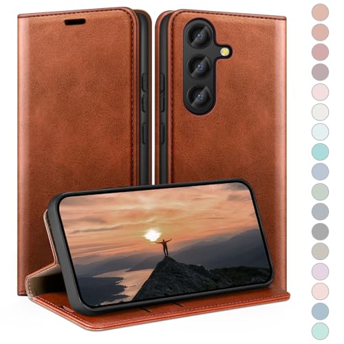 Coque Samsung S25 FE HUOUH Étui Portefeuille en Cuir Brun Clair