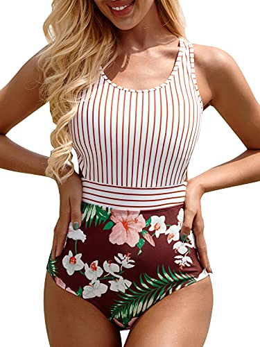 MOLYBELL One Piece Swimsuits for Women High Waisted Bathing Suit Monokini Floral Print Cutout Racerback Zip Up (Stripe, Large)