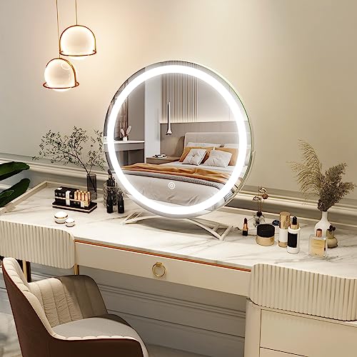 Rolove 18 Inch Large Makeup Vanity Mirror With Lights, Smart Touch Control, 3-Color Dimmable Round Mirror, 360° Rotation, Tabletop ＆ Desk Mirror For Makeup Desk, Dressing Room & Bedroom (White) #TOP1