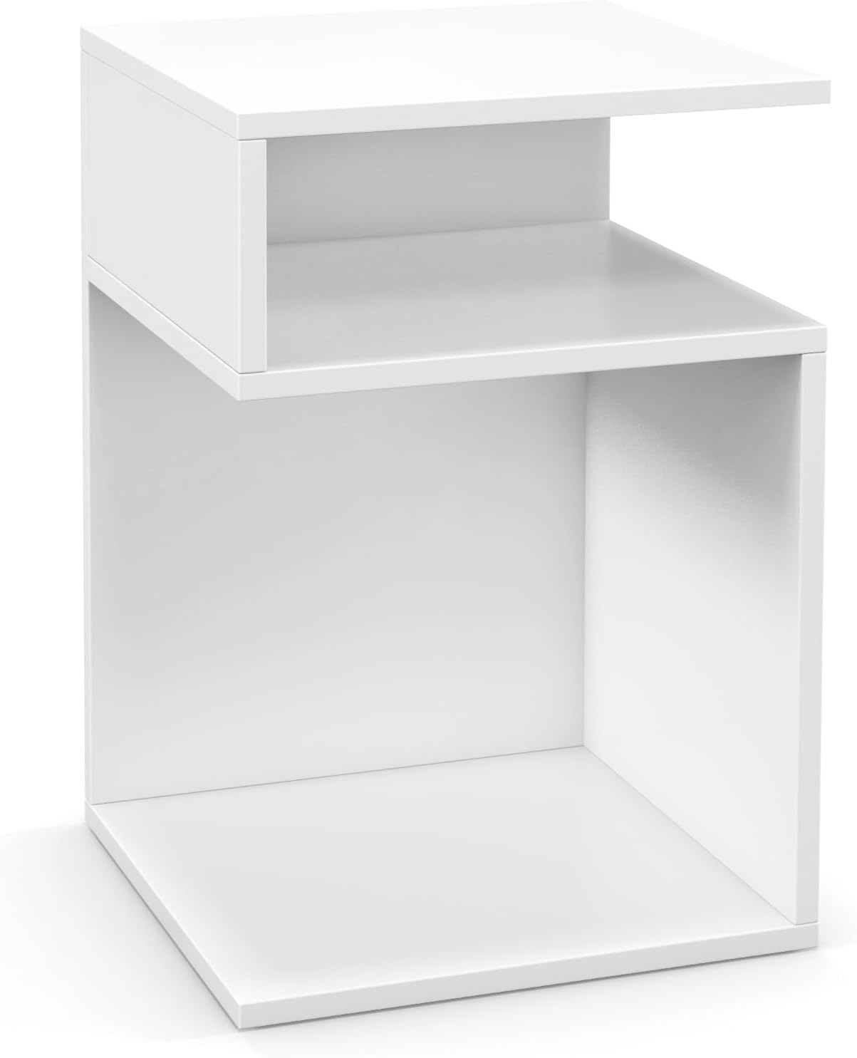3 Tier End Table, S-Shaped Side Table with 2 Open Compartments, Modern Sofa Table with Storage, Wood Narrow Bedside Table, White Nightstand for Bedroom, Living Room, Small Spaces
