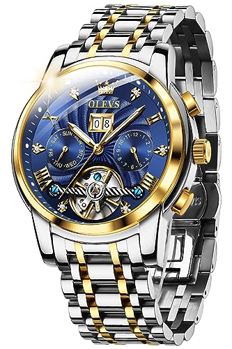 OLEVS Automatic Watches for Men Blue Diamond Skeleton Mechanical Tourbillon Self Winding Luxury Dress Wrist Watches Calendar Luminous Waterproof -  TYG-G9910G-JL