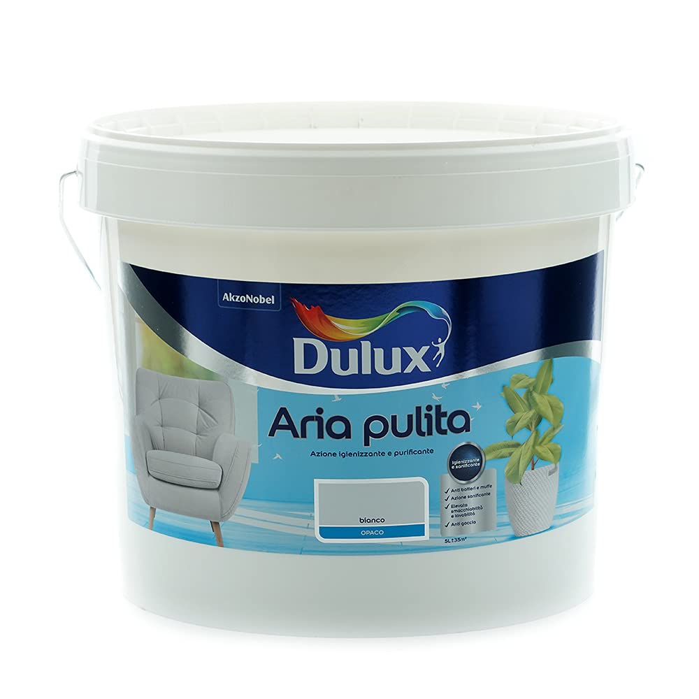 Dulux Aria Pulita Pittura per Interni all'Acqua con Formula Anti Inquinamento e Anti Formaldeide, 5 Litri, Bianco, 5L