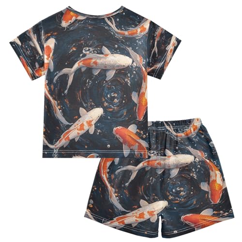 Pajama Sets Short Sleeve Koi Fish Water Pattern Soft Cotton Summer Sleepwear 2 Piece PJS Size 5-14T2