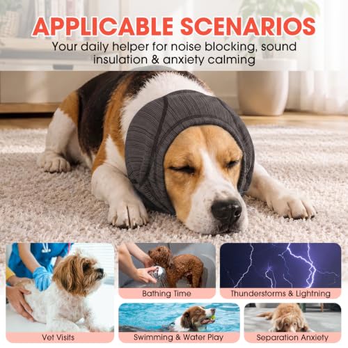 Image of Dog Calming Hood Ear Cover for Anxiety Relief, Grey, L | Soft Stretch Head Wrap with Padded Ear Muffs, No Hook-Loop Noise Reducing Snood for Grooming, Bathing,Travel & Vet Visit