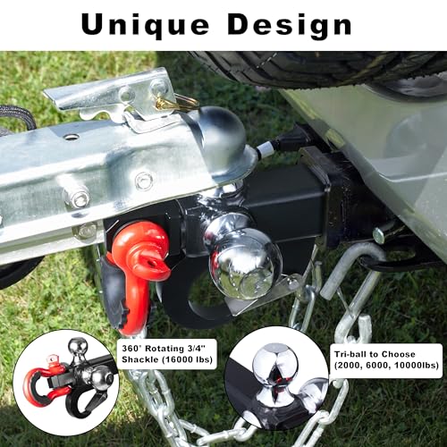 Rockane Trailer Hitch Tri-Ball Mount T-Shape with Pin, Lock, Tow Hook & 360°Swivel Tow Shackle, Fits 2\" Receiver，1-7/8\", 2\", 2-5/16\" Hitch Ball, 16000 Lbs MAX - Thumbnail 3