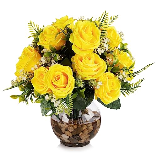 ENOVA FLORAL 18 Heads Silk Rose Artificial Flowers in Vase,Faux Rose Flowers Arrangement in Round Bowl Vase with Faux Water and River Rock for Table Decor Centerpieces (Yellow)