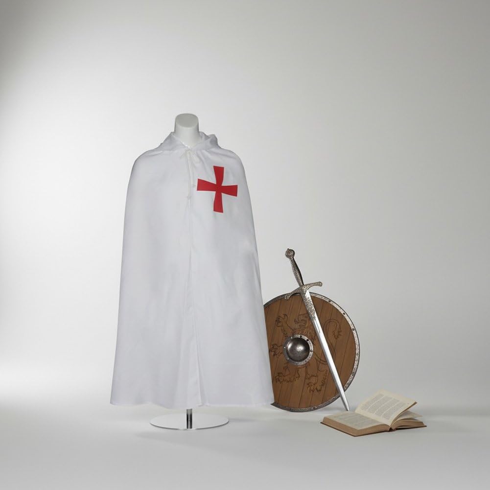 Średniowieczny rycerz długi płaszcz z kapturem, biała tunika, krzyżowiec templariusz dla dorosłych, kostium cosplay na Halloween.