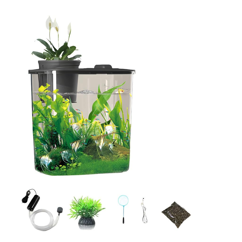 Aquário com bomba de ar e iluminação LED Vaso decorativo de vidro Pequeno decorativo para