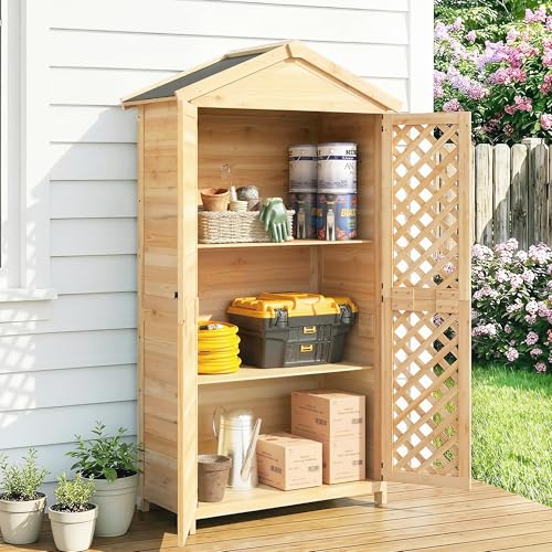Outsunny Armadio Da Giardino In Legno Di Abete Con Kit Antiribaltamento, Casetta Porta Attrezzi Da Esterno Con Ante Ventilate, Ripiani Rimovibili, Tetto Inclinato Asfalto, 101.5X49X176 Cm, Color Legno - 8