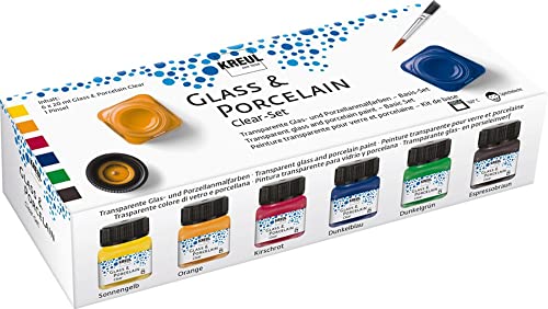 KREUL 16601 - Glass & Porcelain Set Clear, 6 x 20 ml in gelb, orange, rot, blau, grĂĽn und braun sowie ein Pinsel, transparente, glasklare Glas- und Porzellanmalfarbe auf Wasserbasis
