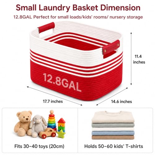 Image of 12.8GAL Kids Stuffed Animal Toy Storage Organizer, Cute Mini Nursery Laundry Basket for Baby Girls Boys Dirty Clothes, Picture Books, Small Cotton Rope Wicker Hamper for Bathroom Towels White Red