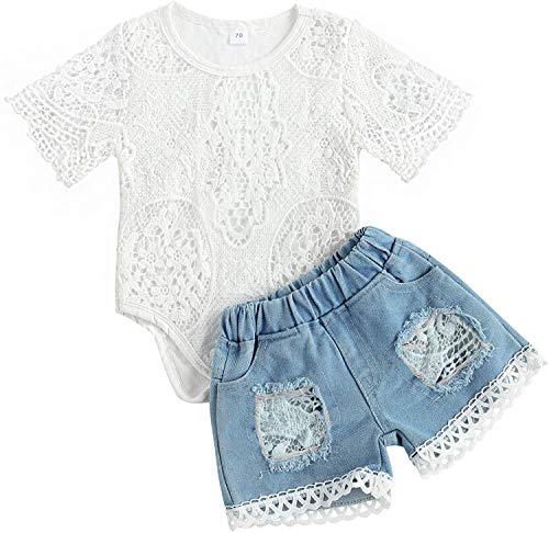 AILENFEISO Infant Baby Girl Summer Clothes Embroidered Lace Romper Bodysuit Ripped Jeans Denim Shorts Newborn Cute Clothing (Lace Hollow Denim, 12-18 Months)