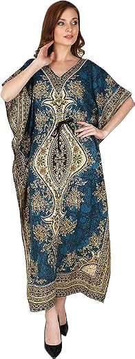 Ukal Women's Kaftan Maxi Dress, V-Neck, Paisley Print, Kimono Sleeves with Belt