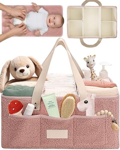 Image of Toodly Baby Diaper Caddy Organizer with Portable Changing Mat - Teddy Fleece Diaper Organizer for Changing Table - Basket for Changing Essentials - Baby Essentials Organizer with Removable Dividers