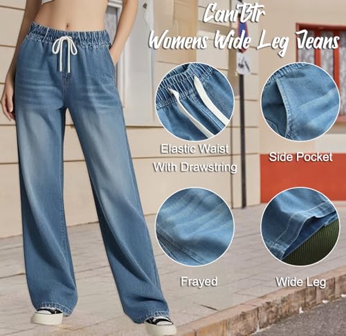 Women's Drawstring Wide Leg Jeans High Elastic Waisted Stretch Frayed Loose Fit Trouser Jeans Denim Pants4