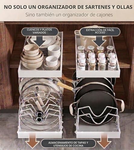 Miniatura 4 de Kexibo 2 Piezas Organizador Cocina Ollas Y Sartenes, Deslizante Organizador Tapas Ollas Con 8 Compartimentos Ajustable Organizador Sartenes Y Ollas Cajon Soporte Sartenes Blanco