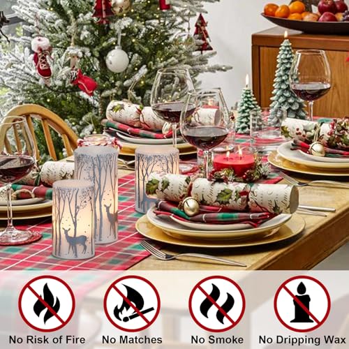 Image of Eldnacele Christmas Flickering Flameless Candles with 6 Hour Timer, Silver Deer Decal Battery Operated Real Wax LED Pillar Candles Home Tabletop Holiday Decor(3Pcs,3x4 /5 /6 Inches)