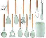 Kitchen Utensil Set 12 PCS Silicone Cooking Utensils Set with Wooden Handle, Heat Resistant, Nonstick Cookware Tongs Spatula Spoon Set Dishwasher Safe Best Kitchen Tools with Holder (Green)