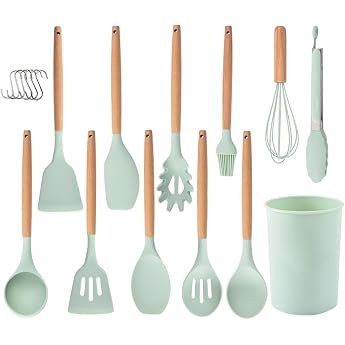 Kitchen Utensil Set 12 Pieces Silicone Cooking Utensils Set with Wooden Handle Heat Resistant Non-Stick Cookware Tongs Spatula Spoon Set Best Kitchen Utensils with Green