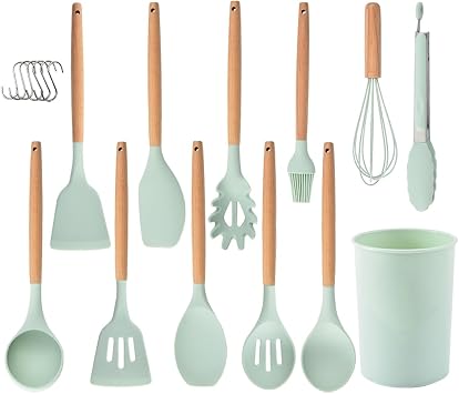 12 PCS Silicone Kitchen Utensil Set with Wooden Handle Heat Resistant | Kitchen Tools with Holder Safe for Non-Stick Cookware Tongs Spatula Spoon Set