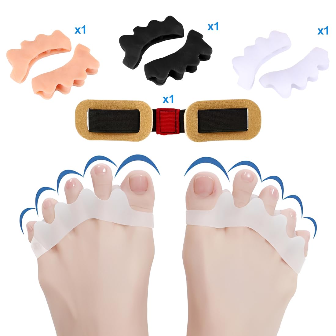 6 Separatori per Dita dei Piedi e 1 Fascia Correttiva, Silicone per Alluce Valgo, Sollievo dal Dolore, Adatto per Uomo e Donna
