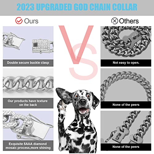 Dog Chain Diamond Cuban Collars Walking Gold Metal Chain Collar With Design Secure Buckle,Pet Cuban Crystal Collar Necklace Accessories For Small Medium Large Dogs Cats,Silver 8Inch #TOP2