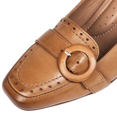 Mona flying Women's Leather 7 cm Chunky Heel Loafers Pumps Square Toe High Heel Office Work Dress Shoes for Ladies3