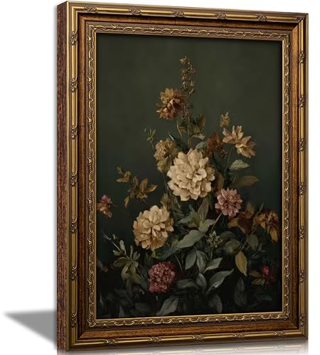 Vintage Gold Framed Moody Floral Wall Art,Dark Green Botanical Canvas Print