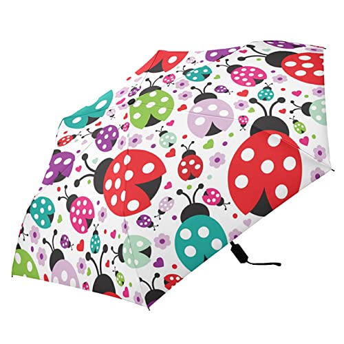 Oyihfvs Seamless Colorful Ladybugs on White Parasol Folding Umbrella, Reinforced Windproof Waterproof, Portable Compact Anti-UV Sun Rain Protection for Travel Outdoor