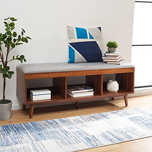 Safavieh Home Collection Cricket Linen Cushion Acacia Wood Open Storage Shelf Rectangle Bench BCH5000B, Grey/Natural