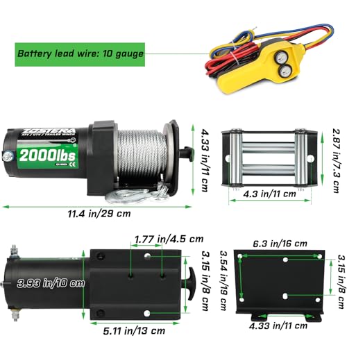 Image of 2000lb Winch for ATV, with Steel Cable,ATV Winch with Wired Manual Remote Control Switch,IP65 Waterproof,with Mounting Plate,with Roller Fairlead&Hook