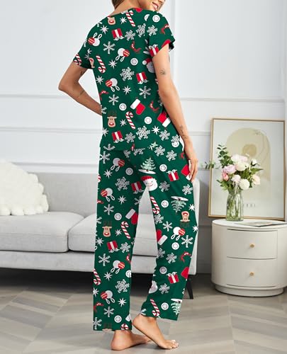 Image of Ekouaer Pajama Sets for Women Round Neck Pjs Short Sleeve Sleepwear with Long Pants Loose Lounge Sets Green Christmas X-Large